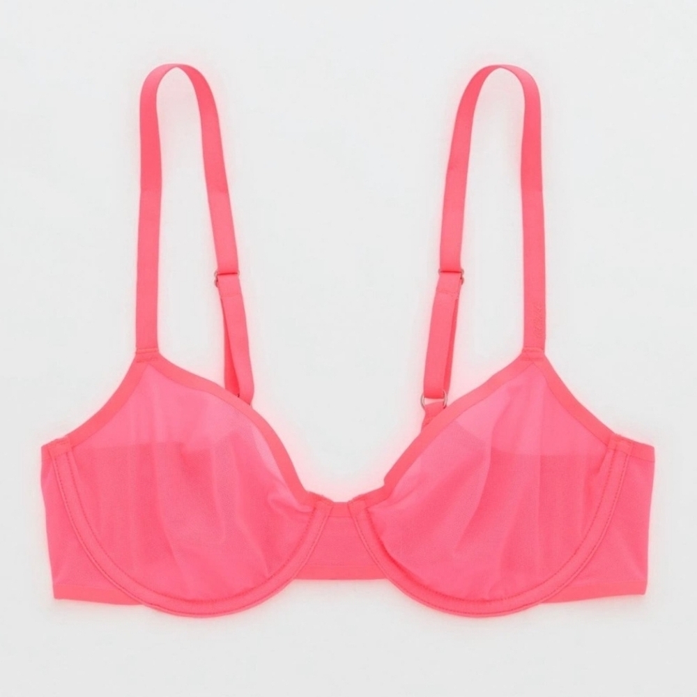 NWOT Aerie Smoothez Unlined Mesh Balconette Bra Neon Pink Size 38DD